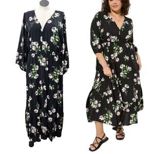 Torrid Plus Size 6X Maxi Challis Tiered V-Neck Dress Floral Boho Pockets Black